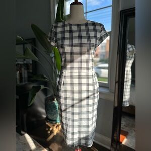 Tartan, black and white, midi dress, short sleeves